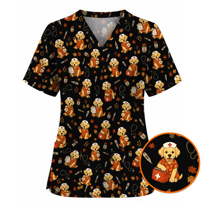 Autumn Labrador Retriever Scrub Top, Fall Dog Nursing Uniform for Veterinary Professionals, Cozy Autumn Nurse Scrubs for Dog Lovers