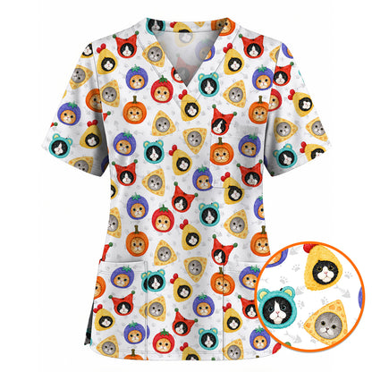 Funny Cat Pattern Scrub Top, Cute Kitty Nursing Uniform for Cat Lovers, Comfortable Medical Scrubs for Nurses