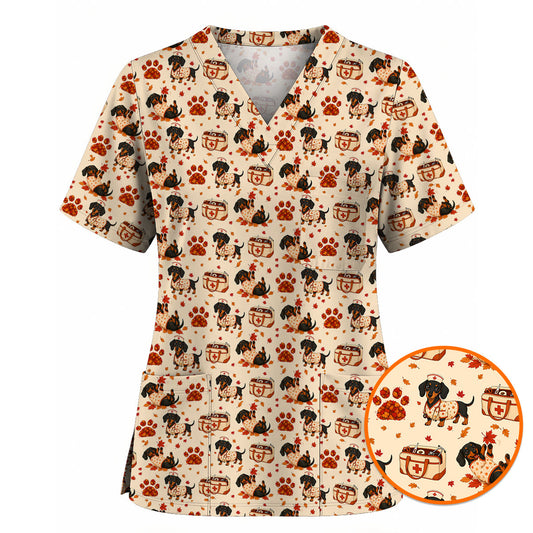 Fall Dachshund Scrub Top, Autumn Wiener Dog Nurse Uniform for Veterinary Professionals, Breathable Fabrics Nursing Scrubs for Dog Lovers