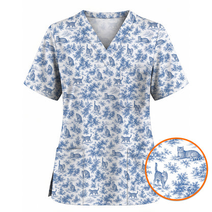 Toile de Jouy Cat Scrub Top, Crazy Cats Pattern Nursing Uniform for Cat Lovers, Vintage Feline Medical Scrubs