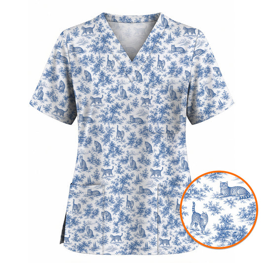Toile de Jouy Cat Scrub Top, Crazy Cats Pattern Nursing Uniform for Cat Lovers, Vintage Feline Medical Scrubs