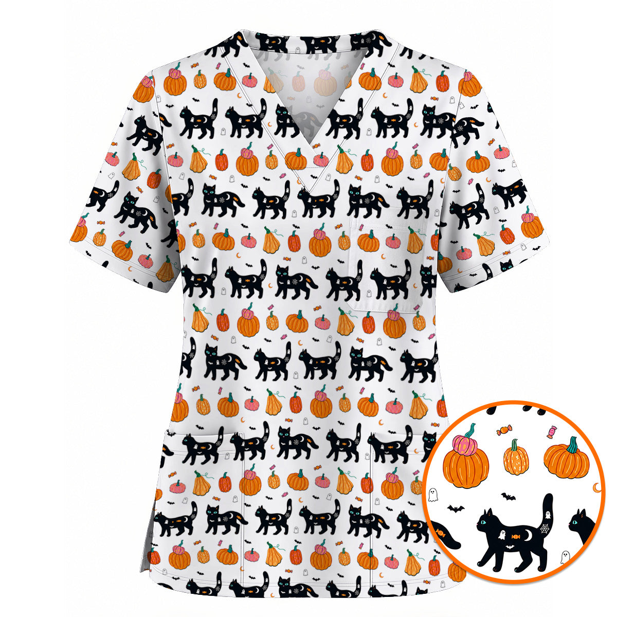 Halloween Black Cat Scrub Top, Pumpkin Cat Print Scrubs, Spooky Nurse Uniform