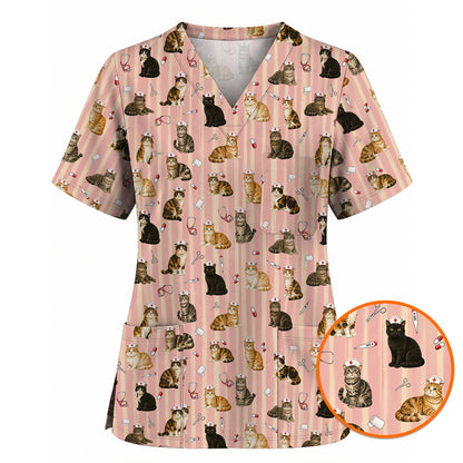 Nurse Cat Scrub Top, Cat Lover Medical Nurse Uniform for Veterinary & Healthcare Workers, Comfortable Feline Nursing Scrubs