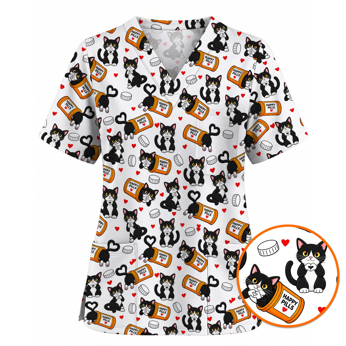Cute Cat Nurse Scrub Top, Funny Happy Pills Medical Scrubs, Cat Lover Healthcare Uniform