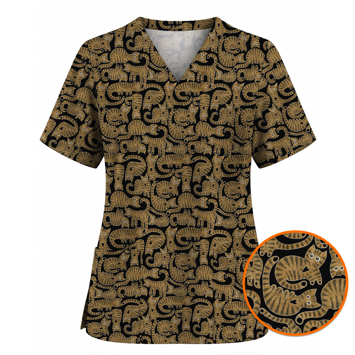 Cute Tabby Cat Pattern Scrub Top, Brown Tabby Cat Nursing Uniform for Cat Lovers, Comfortable Feline Scrubs for Nurses