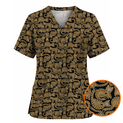 Cute Tabby Cat Pattern Scrub Top, Brown Tabby Cat Nursing Uniform for Cat Lovers, Comfortable Feline Scrubs for Nurses
