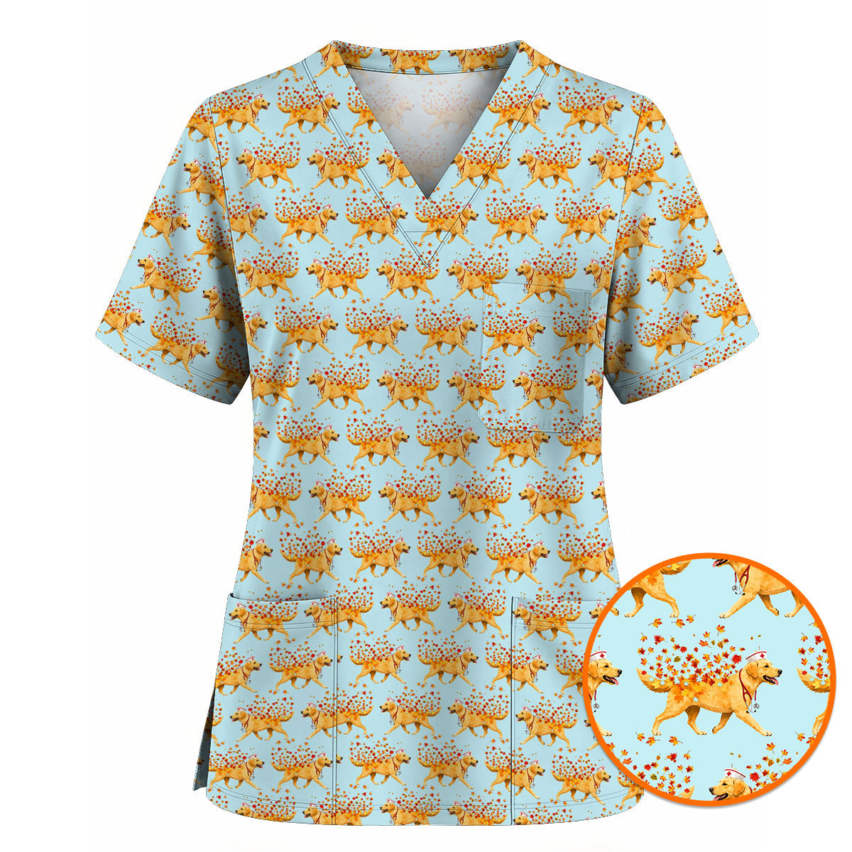Autumn Labrador Retriever Nurse Scrub Top, Funny Fall Lab Dog Medical Uniform for Veterinary & Healthcare Staff, Comfortable Scrubs for Nurses