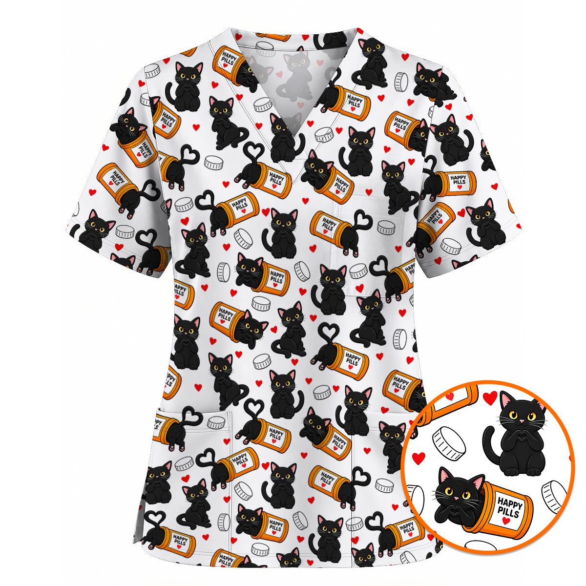 Black Cat Happy Pills Nurse Scrub Top, Funny Pharmacy Cat Scrubs for Nurses, Cute Medical Nursing Uniform Gift