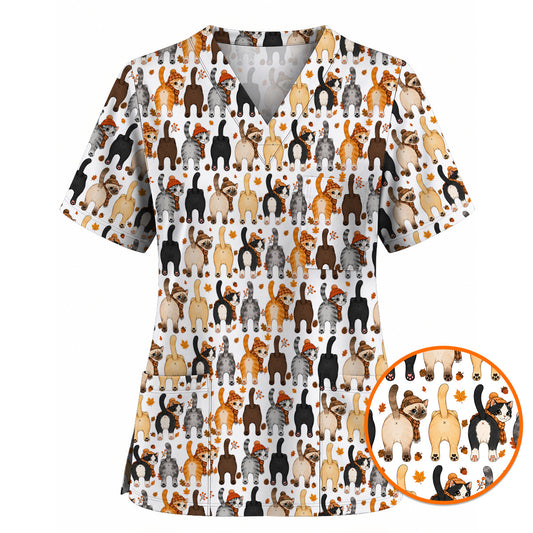 Funny Autumn Cat Scrub Top, Cozy Fall Cat Scrubs Nurse for Cat Lovers, Breathable Fabrics Nursing Uniform