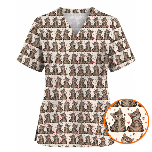 Cute Tabby Cat Pattern Scrub Top, Heart Paw Cat Nurse Scrubs, Breathable Fabrics Nursing Uniform