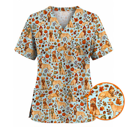 Labrador Retriever Nurse Scrub Top, Funny Autumn Lab Dog Medical Scrubs for Veterinary & Healthcare Staff, Breathable Fabrics Nursing Uniform