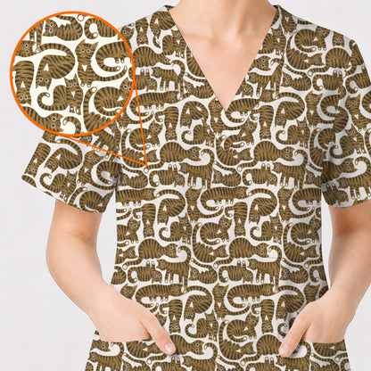 Cute Tabby Cat Pattern Scrub Top, Brown Tabby Cat Nursing Uniform for Cat Lovers, Comfortable Feline Scrubs for Nurses