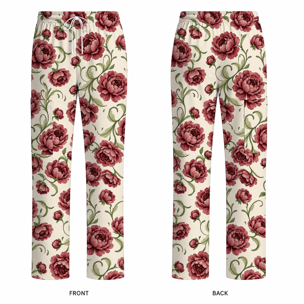 Peony Floral Pattern Scrub Top, Crazy Pink Peony Nurse Scrubs, Breathable Fabrics Nursing Uniform