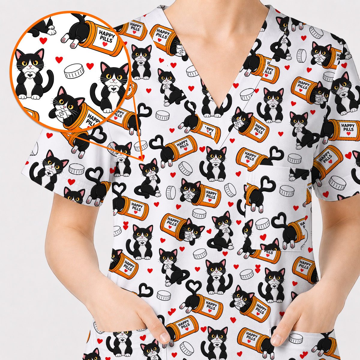 Cute Cat Nurse Scrub Top, Funny Happy Pills Medical Scrubs, Cat Lover Healthcare Uniform