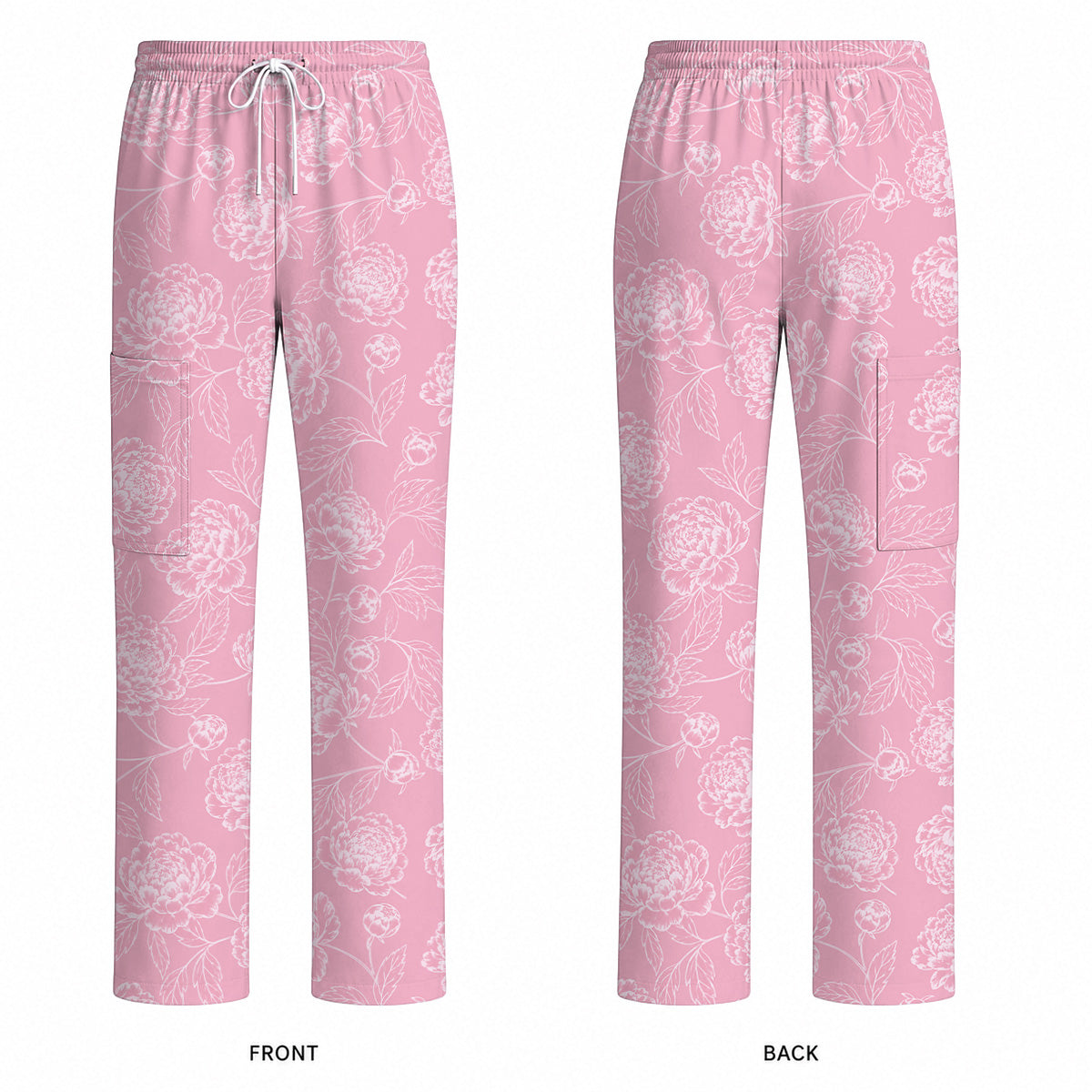 Peony Floral Pattern Scrub Top, Pink Peony Nurse Scrubs, Floral Nursing Uniform