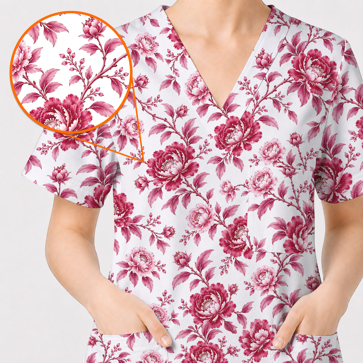 Peony Floral Scrub Top for Women, Elegant Peony Nurse Scrub Shirt, Floral Nursing Uniform For Healthcare Workers