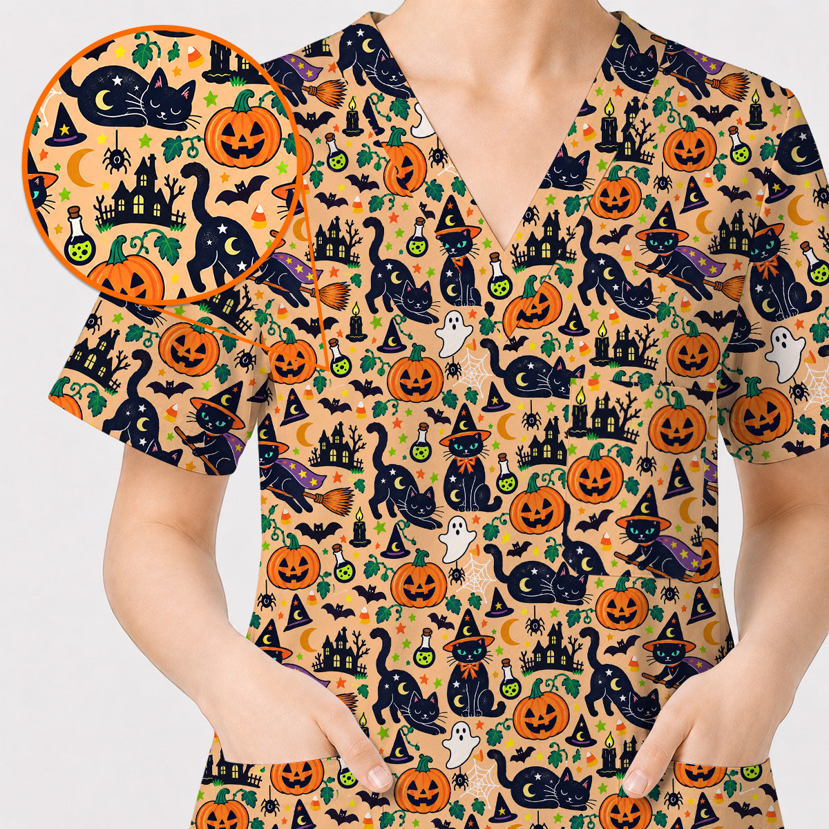 Black Cat Witch Halloween Scrub Top, Spooky Pumpkin Nurse Scrubs, Halloween Medical Uniform