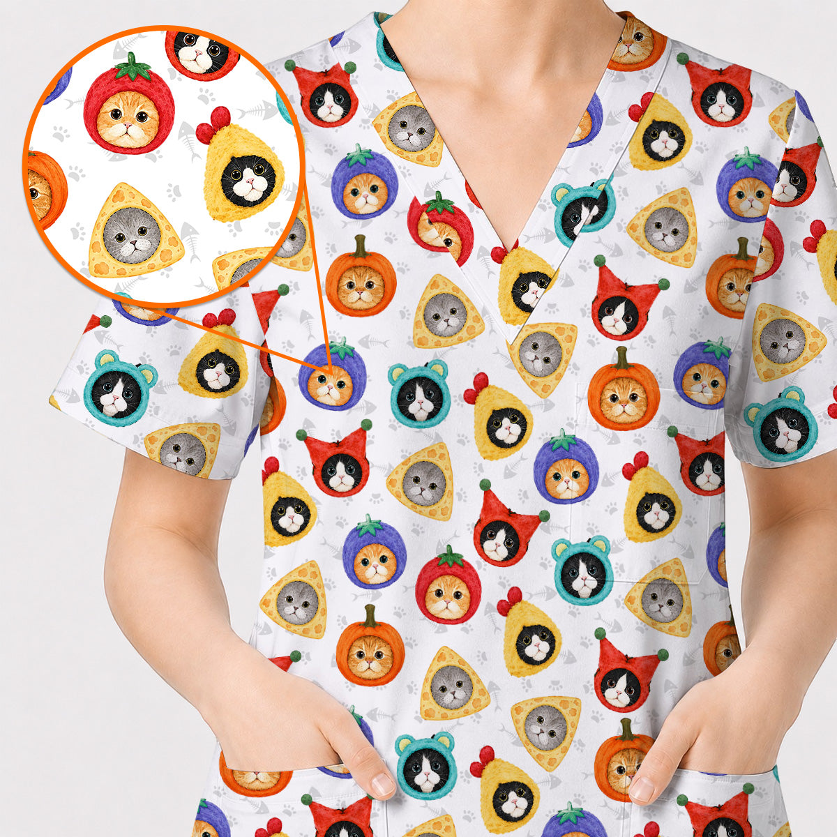 Funny Cat Pattern Scrub Top, Cute Kitty Nursing Uniform for Cat Lovers, Comfortable Medical Scrubs for Nurses