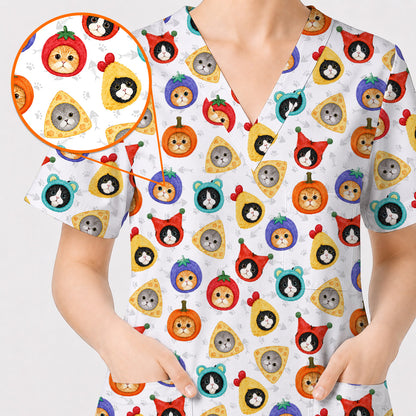 Funny Cat Pattern Scrub Top, Cute Kitty Nursing Uniform for Cat Lovers, Comfortable Medical Scrubs for Nurses
