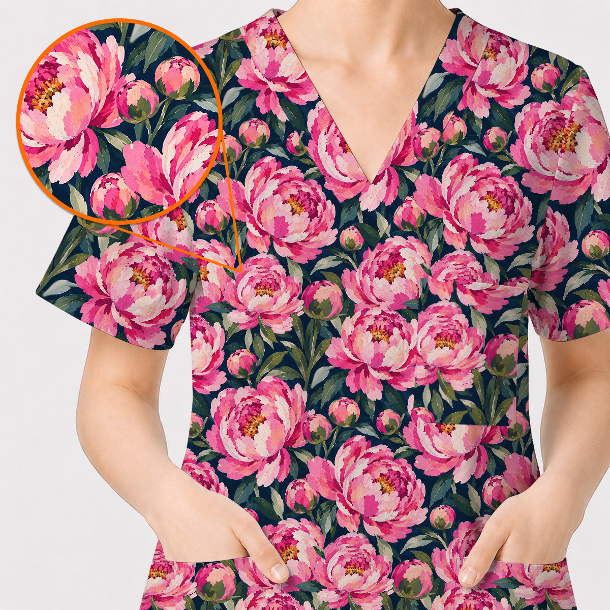 Peony Floral Scrub Top for Women, Pink Peony Nurse Scrub Shirt, Floral Nursing Uniform for Healthcare Workers