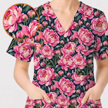 Peony Floral Scrub Top for Women, Pink Peony Nurse Scrub Shirt, Floral Nursing Uniform for Healthcare Workers