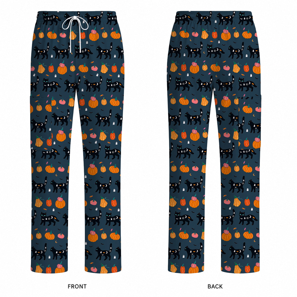 Halloween Black Cat Scrub Top, Pumpkin Cat Print Scrubs, Spooky Nurse Uniform