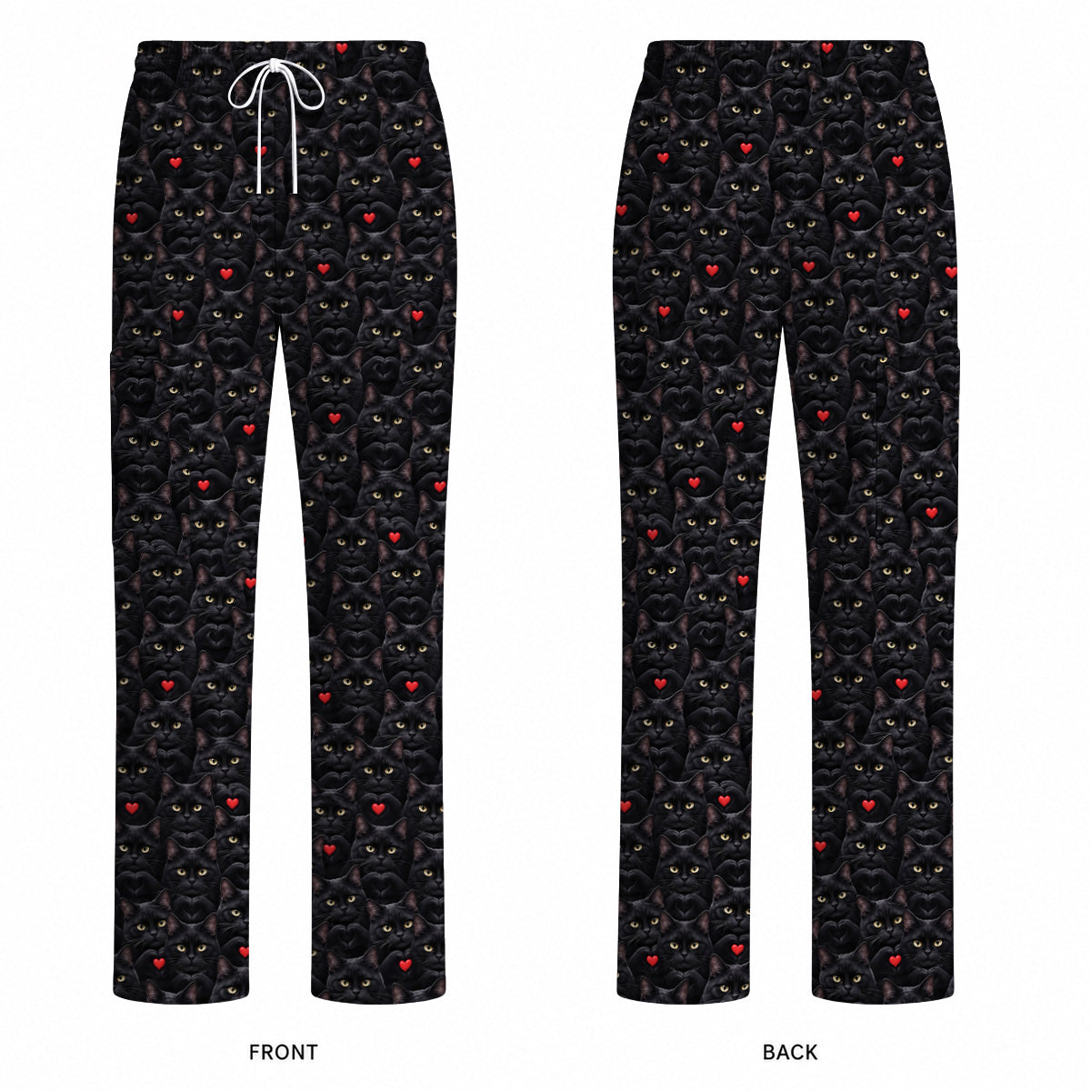 Black Cat Heart Pattern Nurse Scrub Top, Cute Cat Lover Scrubs For Nurses, Breathable Fabrics Nursing Uniform