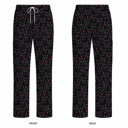 Black Cat Heart Pattern Nurse Scrub Top, Cute Cat Lover Scrubs For Nurses, Breathable Fabrics Nursing Uniform