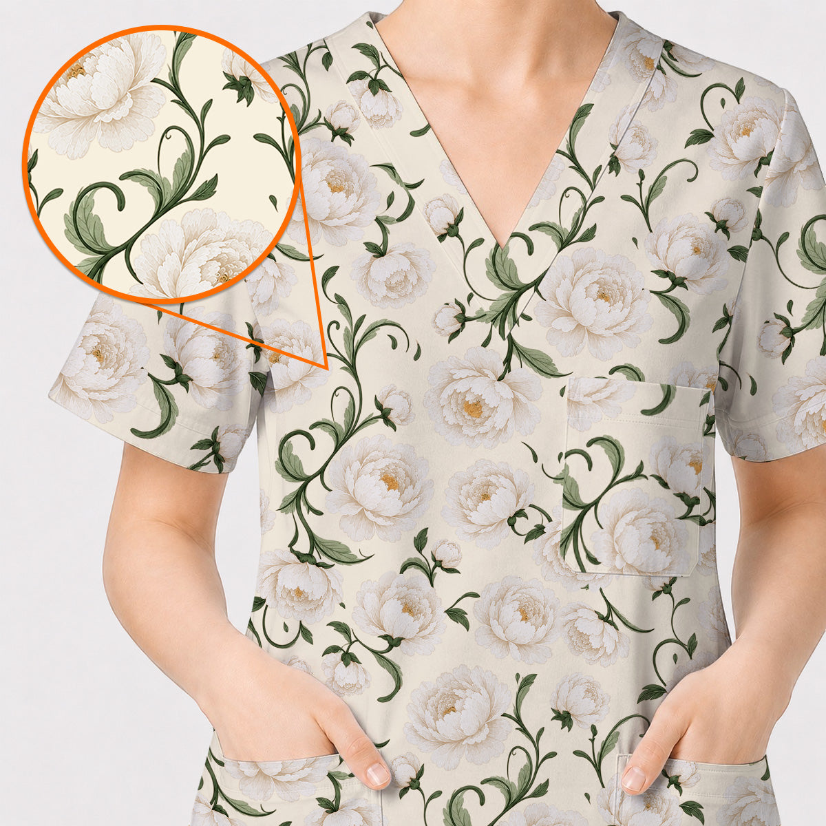 Peony Floral Pattern Scrub Top, Crazy Pink Peony Nurse Scrubs, Breathable Fabrics Nursing Uniform