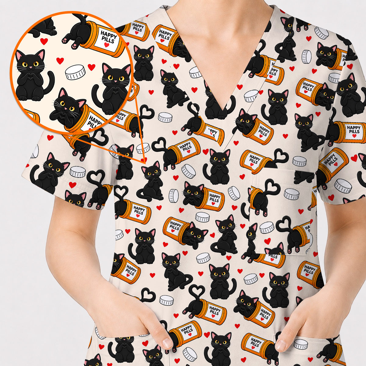 Black Cat Happy Pills Nurse Scrub Top, Funny Pharmacy Cat Scrubs for Nurses, Cute Medical Nursing Uniform Gift