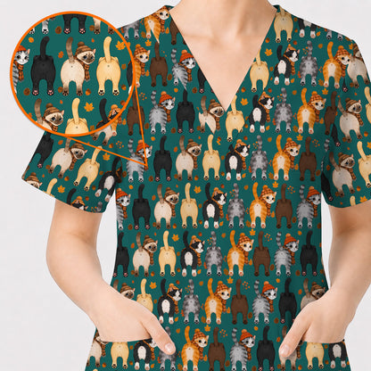Funny Autumn Cat Scrub Top, Cozy Fall Cat Scrubs Nurse for Cat Lovers, Breathable Fabrics Nursing Uniform