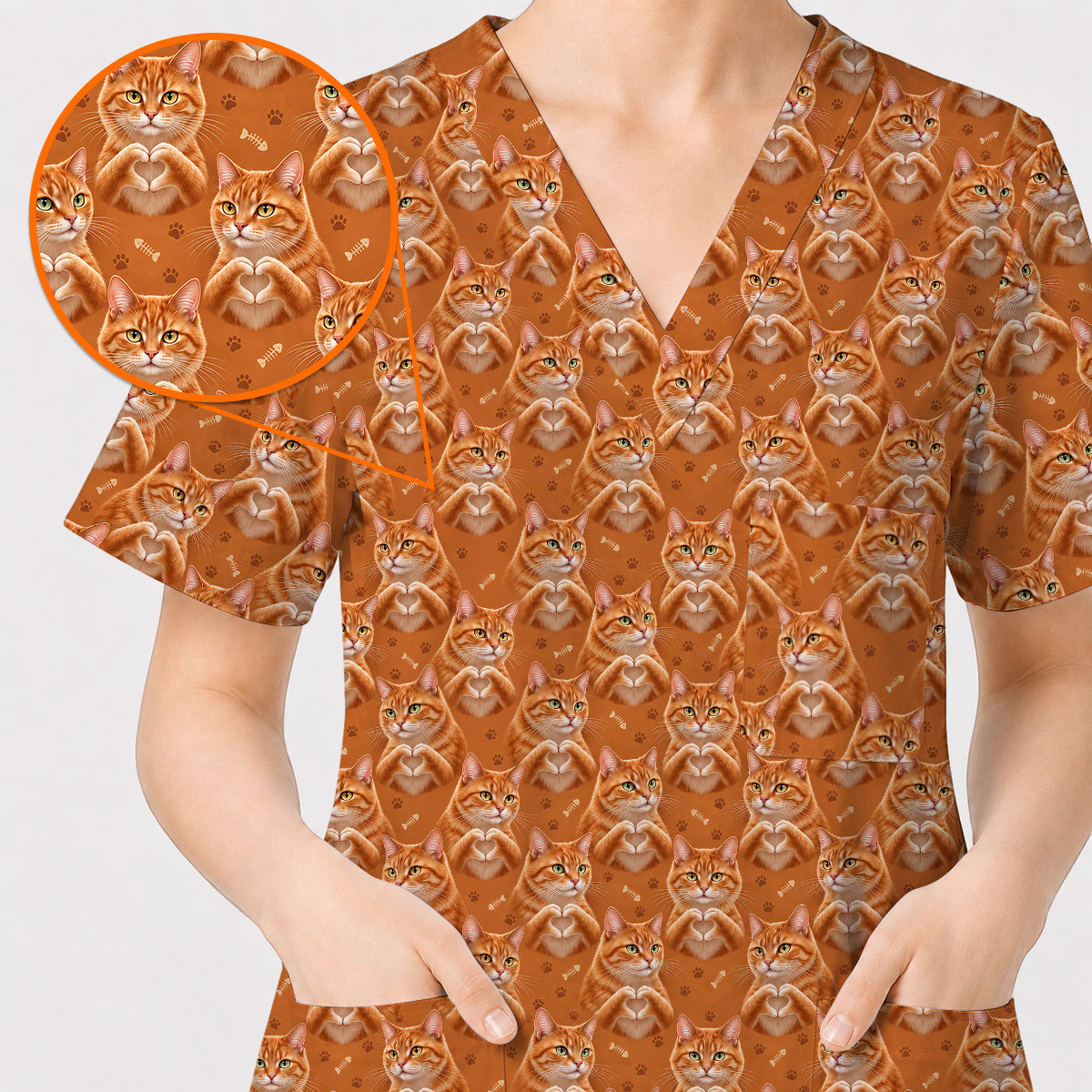 Orange Tabby Cat Love Nurse Scrub Top, Cute Cat Pattern Scrubs For Nurses, Breathable Fabrics Nursing Uniform