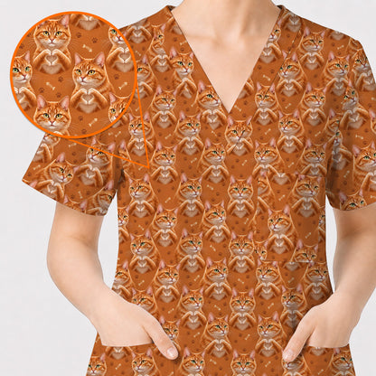 Orange Tabby Cat Love Nurse Scrub Top, Cute Cat Pattern Scrubs For Nurses, Breathable Fabrics Nursing Uniform