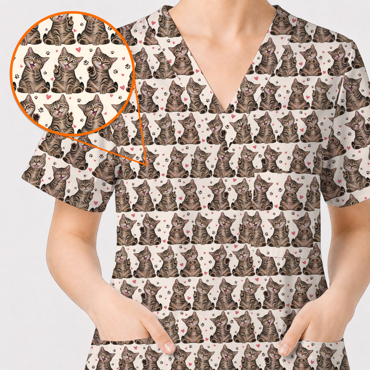 Cute Tabby Cat Pattern Scrub Top, Heart Paw Cat Nurse Scrubs, Breathable Fabrics Nursing Uniform