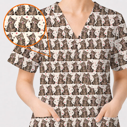 Cute Tabby Cat Pattern Scrub Top, Heart Paw Cat Nurse Scrubs, Breathable Fabrics Nursing Uniform