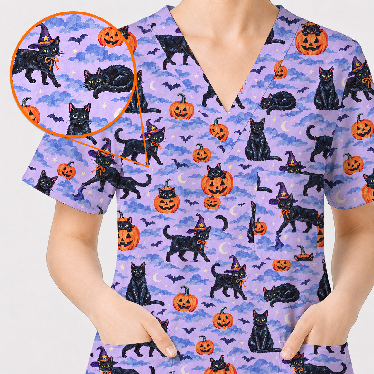 Black Cat Halloween Scrub Top, Witchy Pumpkin Nurse Scrubs, Spooky Season Healthcare Uniform