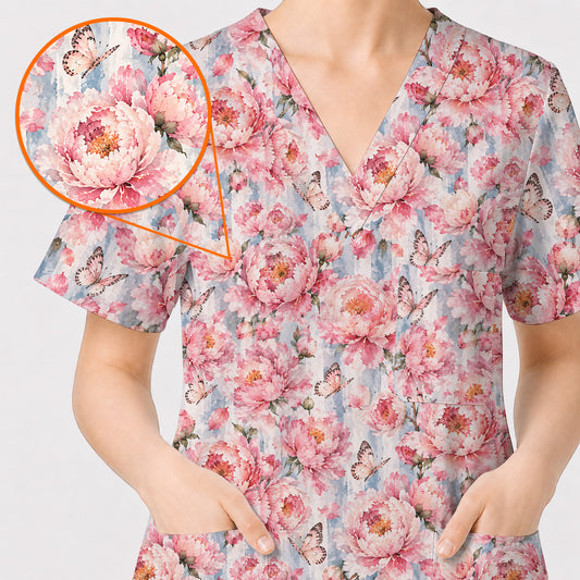 Watercolor Peony Scrub Top For Women, Pink Peony Butterfly Nurse Shirt, Floral Nursing Uniform for Healthcare Workers