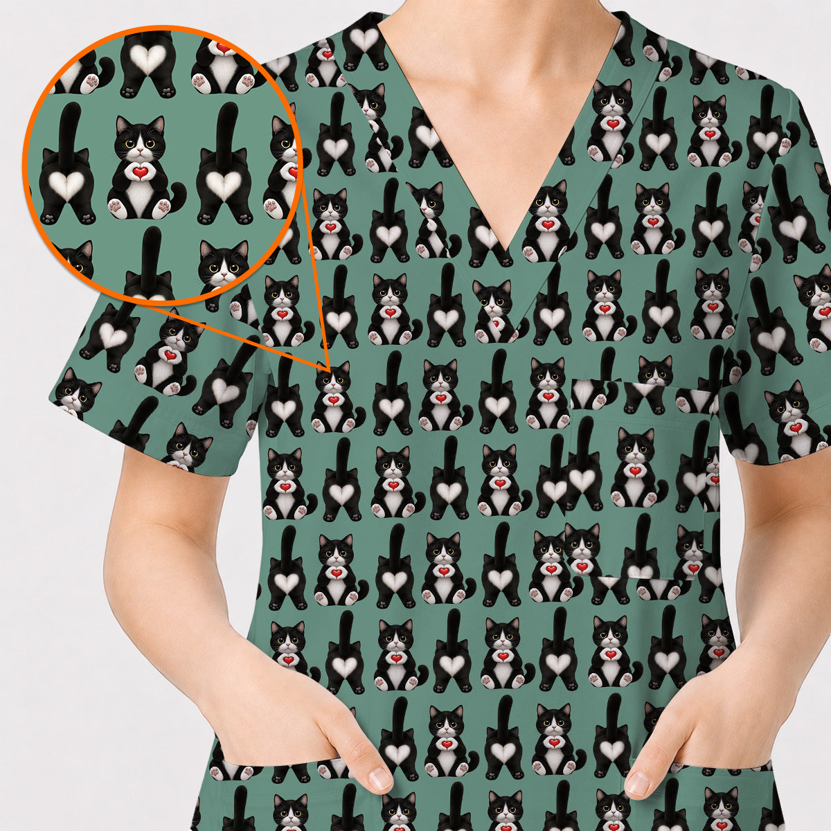 Funny Tuxedo Cat Pattern Scrub Top, Cute Cat Nurse Scrubs, Breathable Fabrics Nursing Uniform