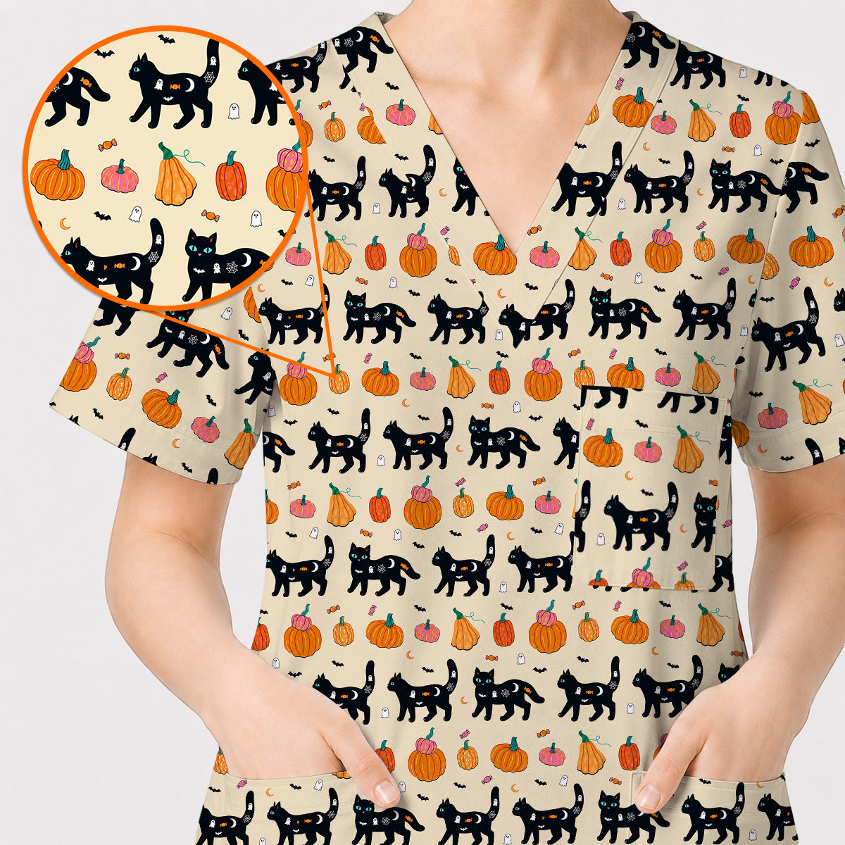 Halloween Black Cat Scrub Top, Pumpkin Cat Print Scrubs, Spooky Nurse Uniform