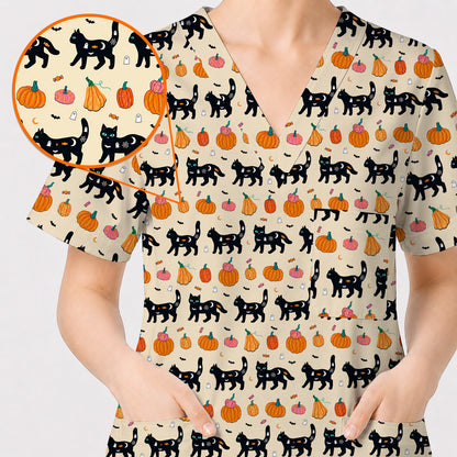 Halloween Black Cat Scrub Top, Pumpkin Cat Print Scrubs, Spooky Nurse Uniform