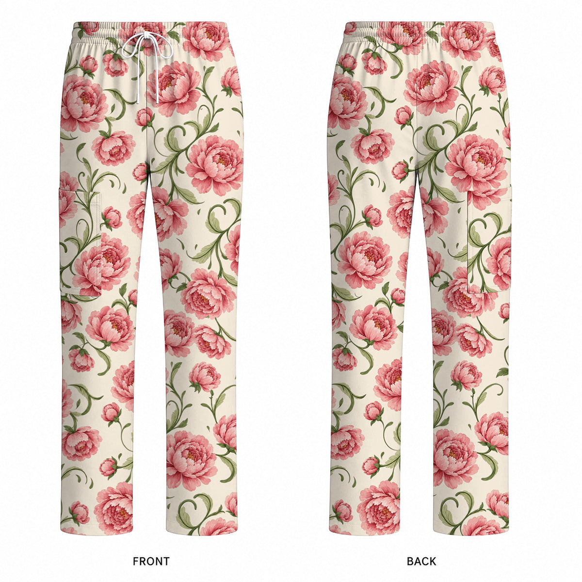 Peony Floral Pattern Scrub Top, Crazy Pink Peony Nurse Scrubs, Breathable Fabrics Nursing Uniform