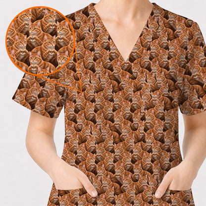 Orange Tabby Cat Pattern Scrub Top, Ginger Cat Nurse Scrubs For Cat Lover, Breathable Fabrics Nursing Uniform