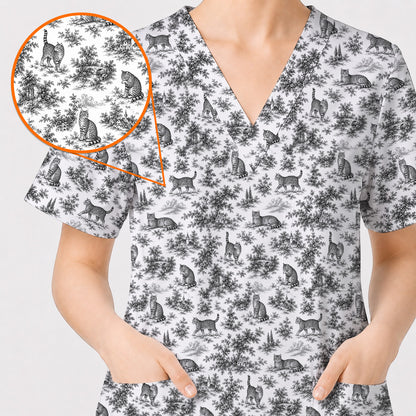Toile de Jouy Cat Scrub Top, Crazy Cats Pattern Nursing Uniform for Cat Lovers, Vintage Feline Medical Scrubs