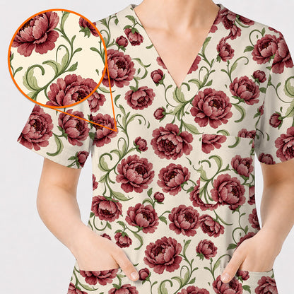 Peony Floral Pattern Scrub Top, Crazy Pink Peony Nurse Scrubs, Breathable Fabrics Nursing Uniform