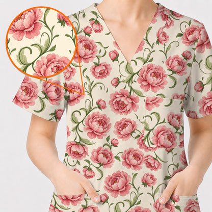 Peony Floral Pattern Scrub Top, Crazy Pink Peony Nurse Scrubs, Breathable Fabrics Nursing Uniform