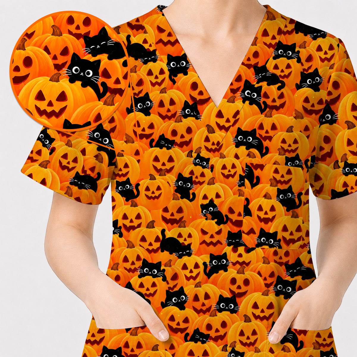 Halloween Cat Scrub Top, Pumpkin Nurse Scrubs, Spooky Season Scrub Uniform