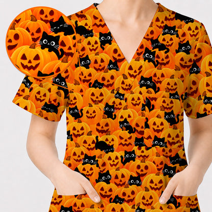 Halloween Cat Scrub Top, Pumpkin Nurse Scrubs, Spooky Season Scrub Uniform