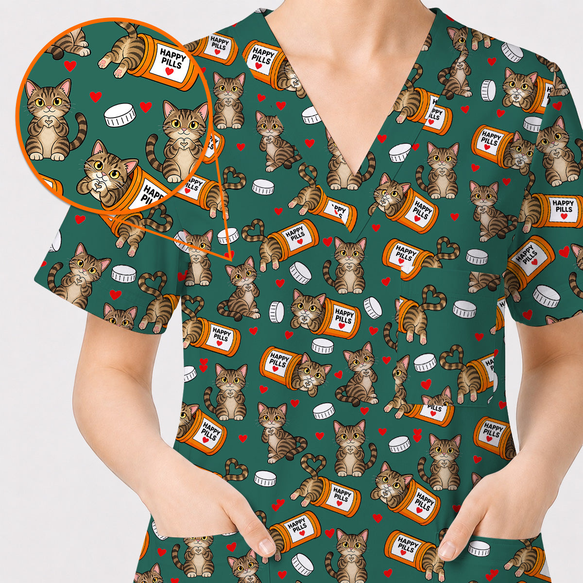 Tabby Cat Nurse Scrub Top, Happy Pills Medical Scrubs, Cute Cat Lover Healthcare Uniform