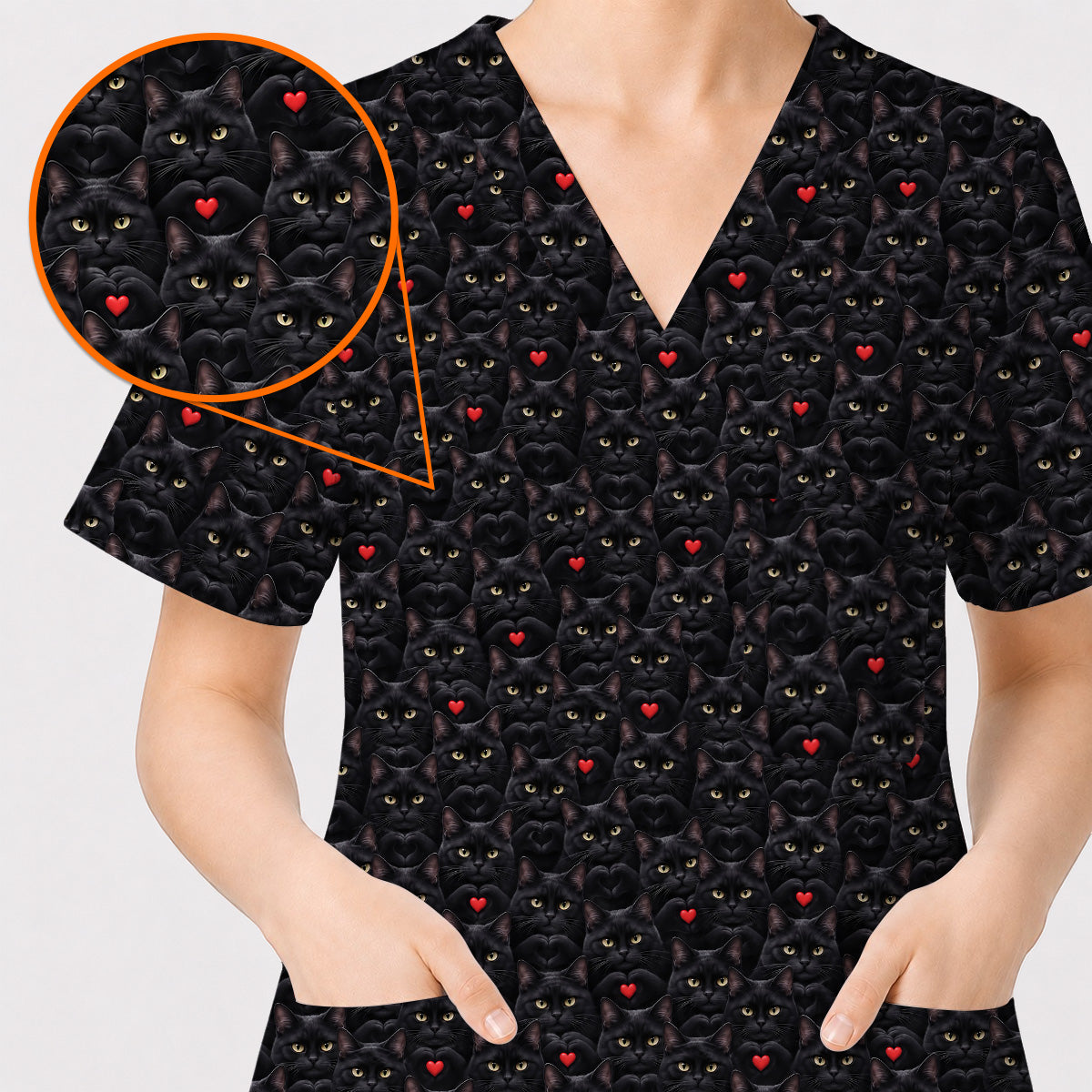 Black Cat Heart Pattern Nurse Scrub Top, Cute Cat Lover Scrubs For Nurses, Breathable Fabrics Nursing Uniform