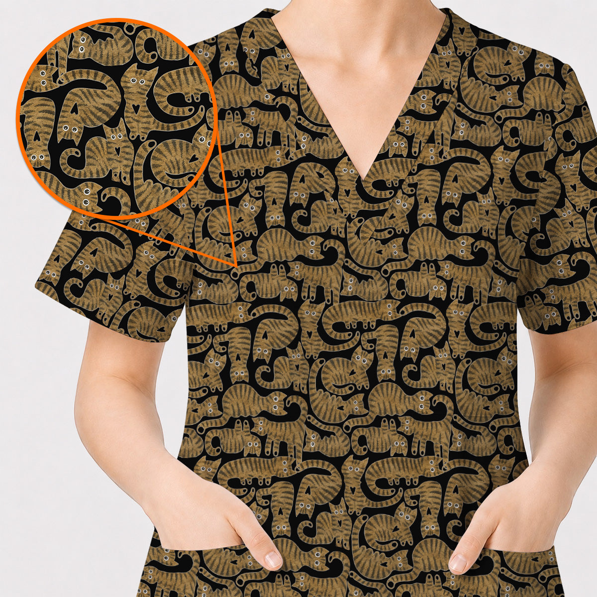 Cute Tabby Cat Pattern Scrub Top, Brown Tabby Cat Nursing Uniform for Cat Lovers, Comfortable Feline Scrubs for Nurses